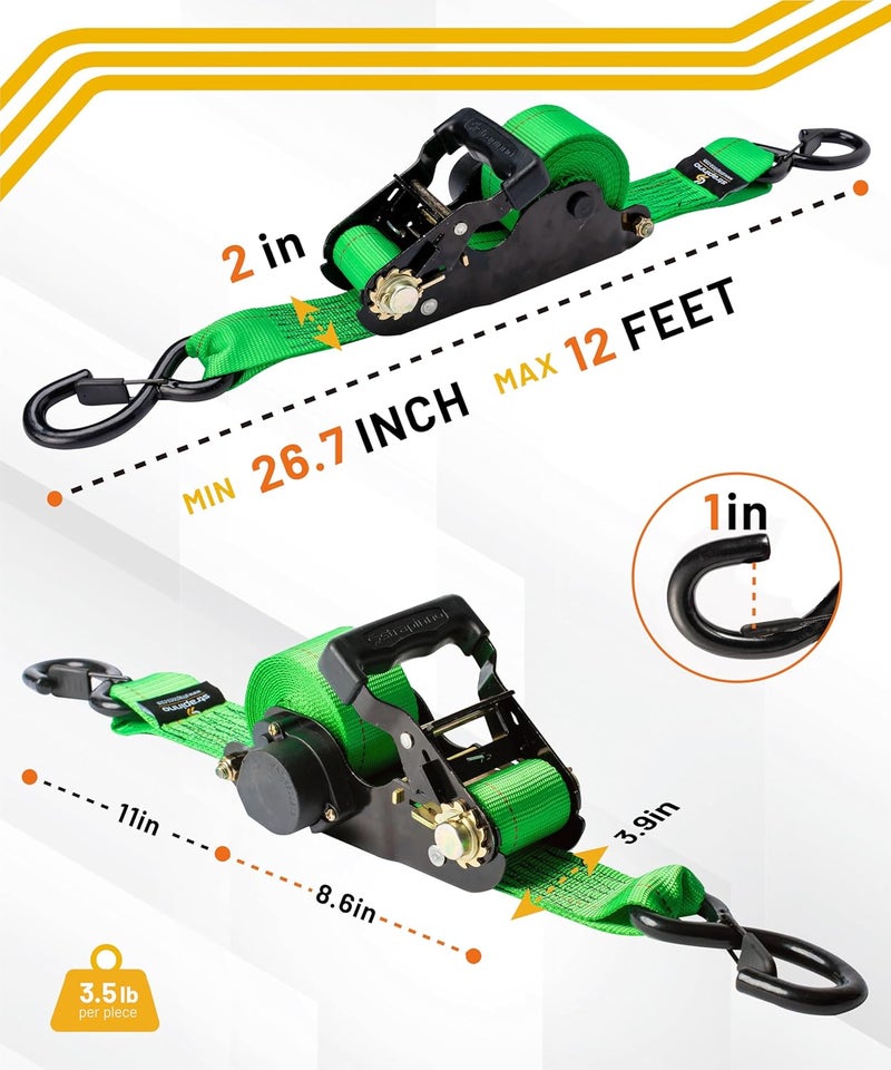 Strapinno Retractable Ratchet Tie-Down Straps,5,000 lbs Breaking Strength- 2 in x 12 ft Heavy Duty Ratchet Strap with Safety Lock S Hooks for Motorcycles, ATVs, UTVs, Lawn Equipment & Cargo (Green) - Image 3